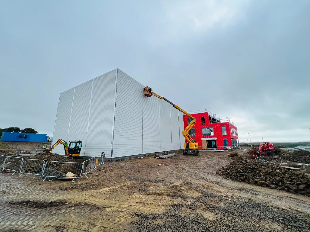 Progress image of Film-Ocean project in Ellon, Aberdeenshire, showing steel and cladding installed by KR Group.