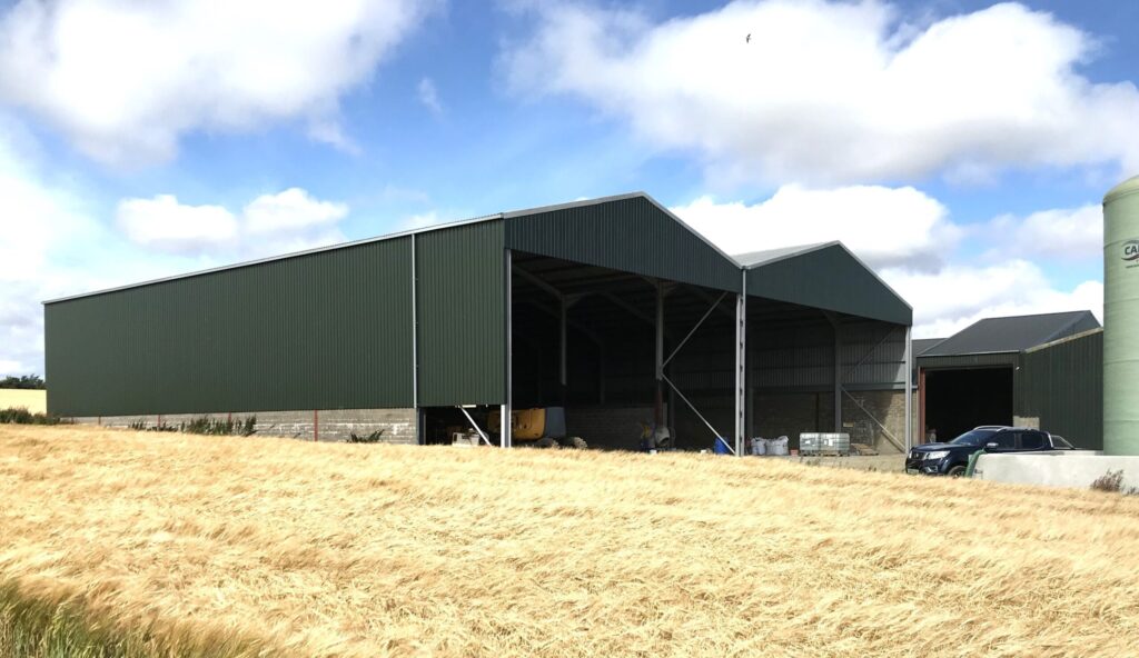 Agricultural grain store sheds project, Cairncake in Aberdeenshire, constructed by KR Group Scotland.