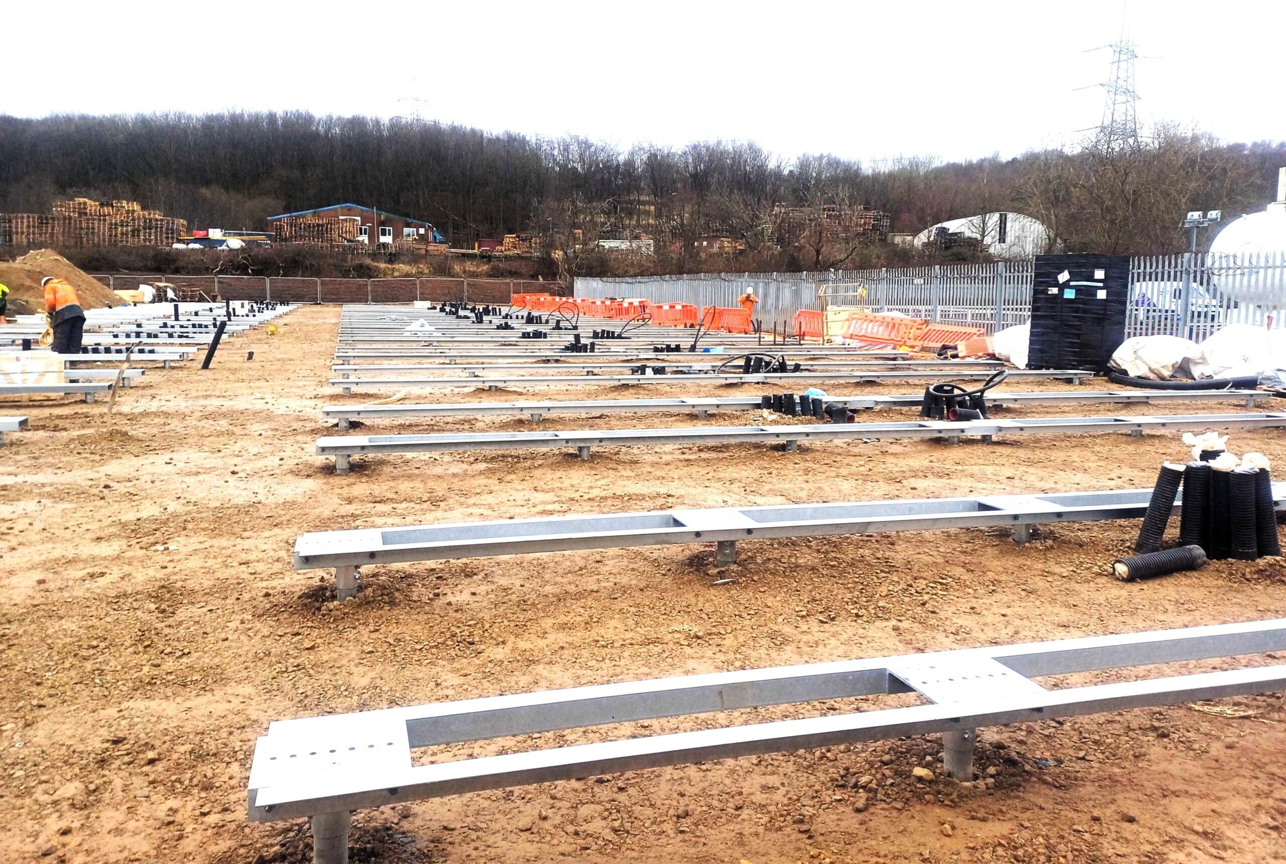 Rows of steel platforms installed by KR Group Scotland to support battery energy storage systems in Newcastle.
